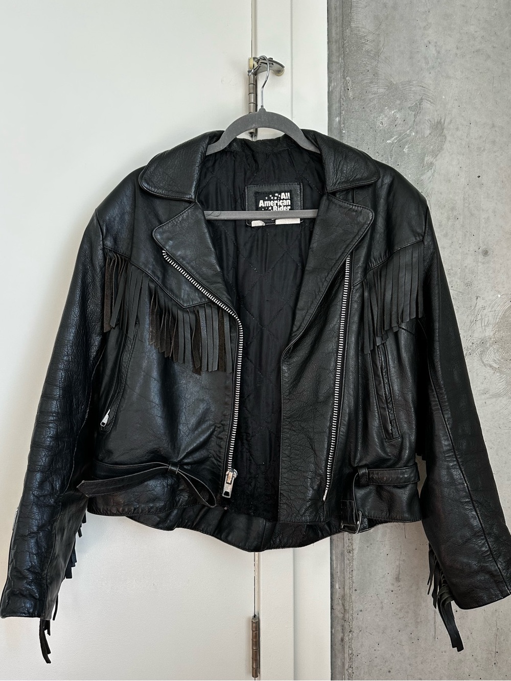 All American Rider - Vintage Black Faux Leather Fringe Motorcycle Jacket size 14